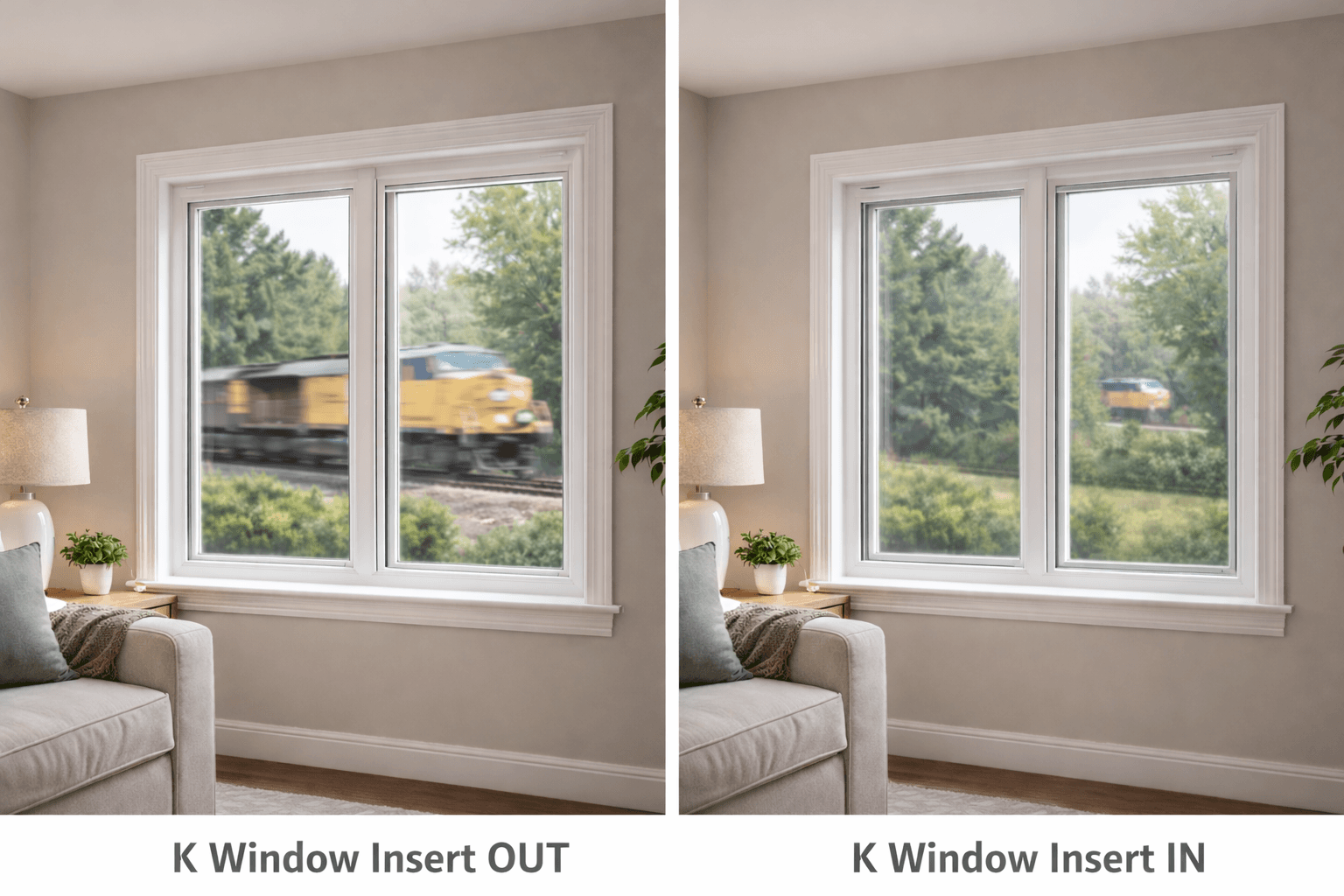 Before and after showing K Window Insert noise reduction with a train passing by